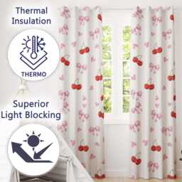 Pink Cherry Bow Eyelet Blackout Curtains Cute Window Drapes Coquette Fruit Pattern Curtain Panels Thermal Darkening - thumbnail 2