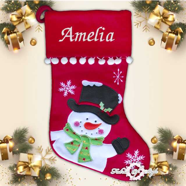 Personalised Christmas Stocking Luxury Embroidered Xmas Stockings Sack Boy Girl - Snowman Red - image 1