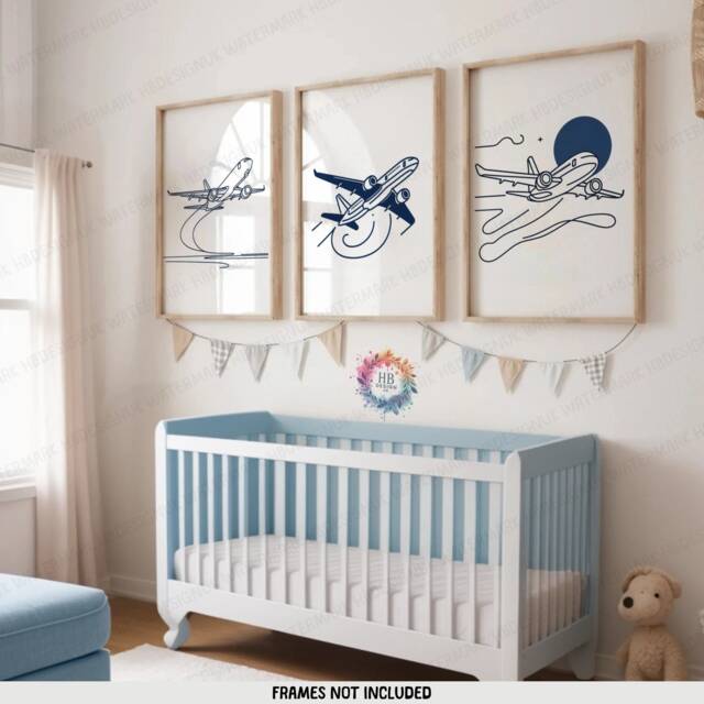 Minimal Airplane Print Set - 3 Navy Posters - Boys Bedroom Artwork Plane Wall Art Nursery Line Drawing Design Kids Gifts Decor - image 1