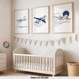 Minimal Airplane Print Set - 3 Navy Posters - Boys Bedroom Artwork Plane Wall Art Nursery Line Drawing Design Kids Gifts Decor - thumbnail 2