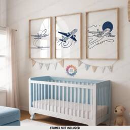 Minimal Airplane Print Set - 3 Navy Posters - Boys Bedroom Artwork Plane Wall Art Nursery Line Drawing Design Kids Gifts Decor - thumbnail 1