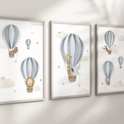 Baby Nursery Air Balloon Animal Prints - A4 Or A3 Size Unframed Boy Girl Unisex Neutral Beige Green Blue Boho Elephant Giraffe Lion - thumbnail 2