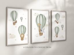 Baby Nursery Air Balloon Animal Prints - A4 Or A3 Size Unframed Boy Girl Unisex Neutral Beige Green Blue Boho Elephant Giraffe Lion - thumbnail 1