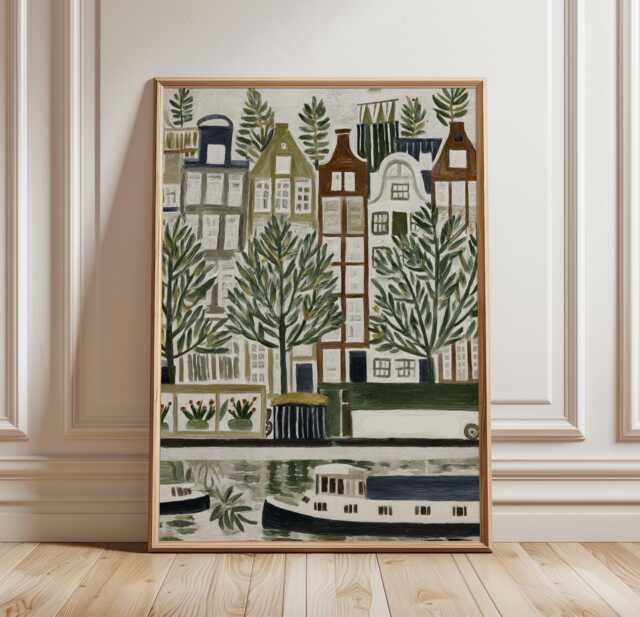Amsterdam Canal Poster - Green Cityscape Art Dutch Houses & Trees Modern Urban Wall Decor - image 1