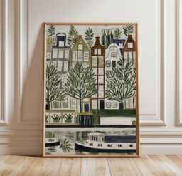 Amsterdam Canal Poster - Green Cityscape Art Dutch Houses & Trees Modern Urban Wall Decor - thumbnail 1