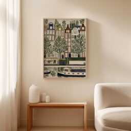 Amsterdam Canal Poster - Green Cityscape Art Dutch Houses & Trees Modern Urban Wall Decor - thumbnail 3