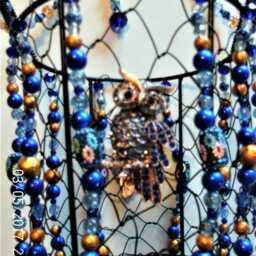 Beaded Owl Hanging Basket, Royal Blue Copper Decor, Adjustable Lengths - thumbnail 2