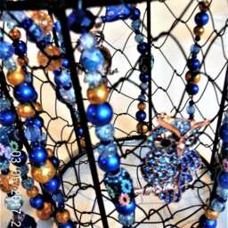 Beaded Owl Hanging Basket, Royal Blue Copper Decor, Adjustable Lengths - thumbnail 3