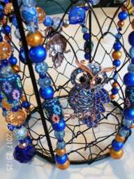 Beaded Owl Hanging Basket, Royal Blue Copper Decor, Adjustable Lengths
