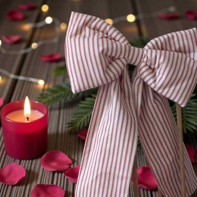 Handmade Red Stripe Bow, Ian Mankin Ticking Stripe, Large Seasonal Decor - image 1