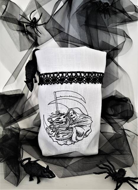 Halloween Lantern Light Bag Vase Cover Grim Reaper Embroidered Linen Lace - image 1