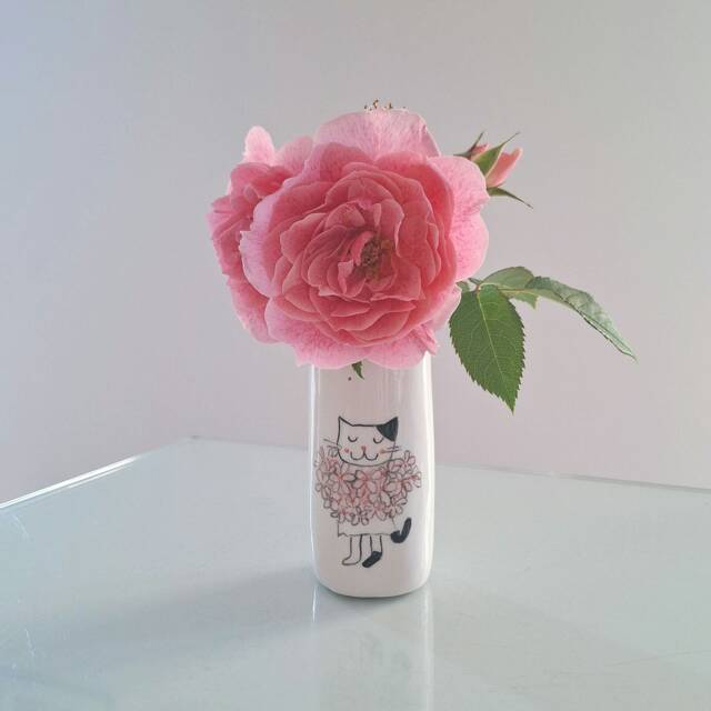 Handmade Cat Vase Hand-Painted Pottery With Pink Flowers - image 1