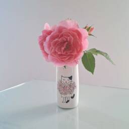 Handmade Cat Vase Hand-Painted Pottery With Pink Flowers - thumbnail 1