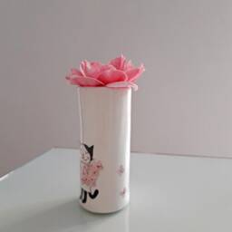 Handmade Cat Vase Hand-Painted Pottery With Pink Flowers - thumbnail 3
