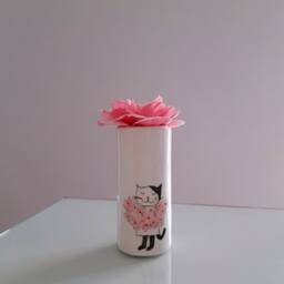 Handmade Cat Vase Hand-Painted Pottery With Pink Flowers - thumbnail 2