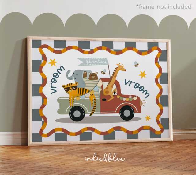 Adventure Truck Animal Print in Bright Colours, Safari Jungle Boy Nursery Decor, Neutral Kids Bedroom Playroom, Tiger Giraffe Elephant Bear - image 1