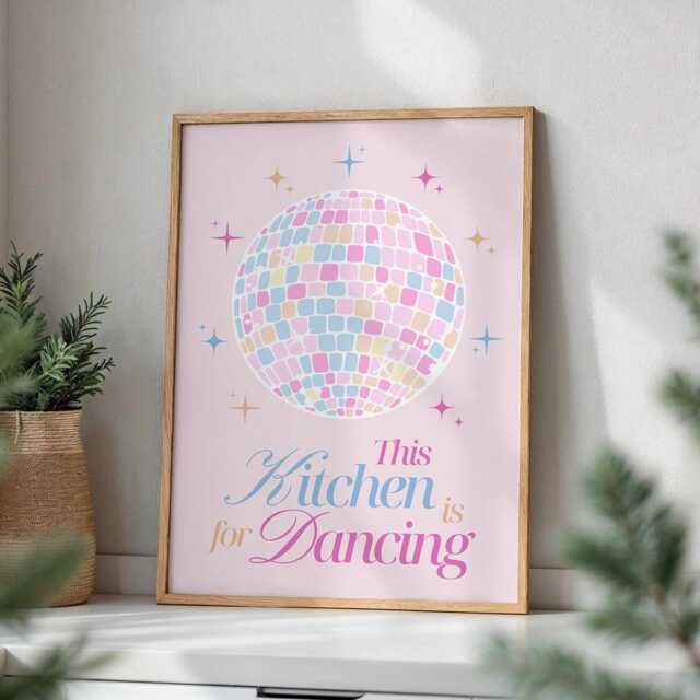 This Kitchen Is For Dancing Disco Ball Poster, Fun Pink Print , Dopmine Decor, Girly Trendy Print, Retro Bar Cart Poster - image 1