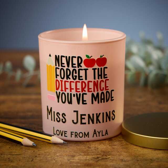 Personalised Teacher Candle Gift, Pink Frosted Glass Jar - 80 Hours Burn Time, 640G, Four Fragrance Options