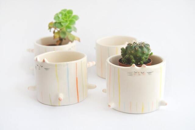 Ceramic Chubby Cat Flower Pot, With Multicolor Stripes. Cute Fat Planter For Small Plants, Cactus & Succulents Ready To Ship - image 1