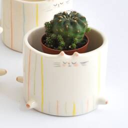 Ceramic Chubby Cat Flower Pot, With Multicolor Stripes. Cute Fat Planter For Small Plants, Cactus & Succulents Ready To Ship - thumbnail 2