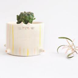 Ceramic Chubby Cat Flower Pot, With Multicolor Stripes. Cute Fat Planter For Small Plants, Cactus & Succulents Ready To Ship - thumbnail 3