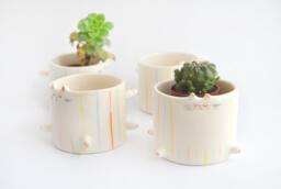 Ceramic Chubby Cat Flower Pot, With Multicolor Stripes. Cute Fat Planter For Small Plants, Cactus & Succulents Ready To Ship - thumbnail 1