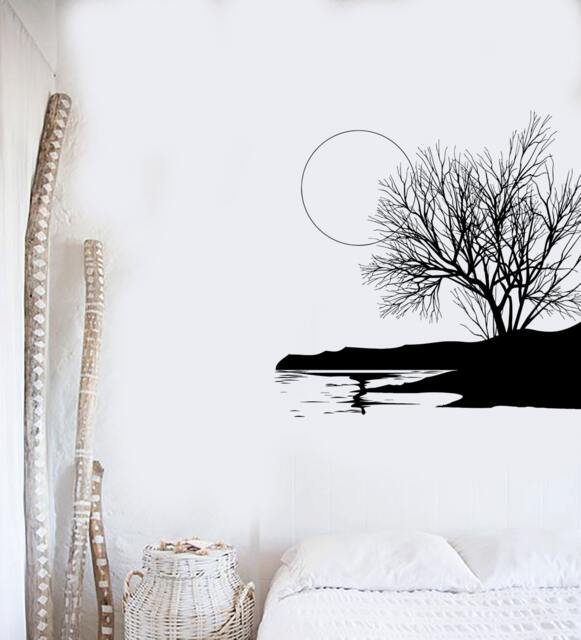 Wall Vinyl Decal Tree Nature Landscape Moon & River Modern Painting Center Focal Point - #1047De - image 1