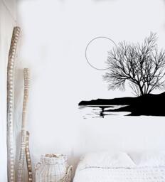 Wall Vinyl Decal Tree Nature Landscape Moon & River Modern Painting Center Focal Point - #1047De - thumbnail 1
