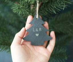 Personalised Slate Christmas Tree Ornament Engraved Initial Gift Tag