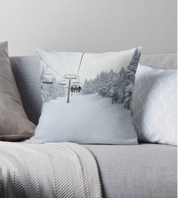 Skiing Pillow Or Cover Chair Lift, Home Decoration, Winter Decor, White Grey Pillow, Snow Ski Decor - image 1