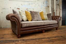 4 Seater Hazel Brown Leather & Mink Velvet Chesterfield Sofa, Scatter Cushion Back, British Handmade
