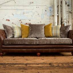 4 Seater Hazel Brown Leather & Mink Velvet Chesterfield Sofa, Scatter Cushion Back, British Handmade - thumbnail 3