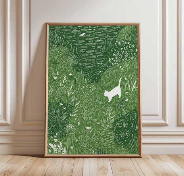 White Cat in Meadow Poster, Whimsical Animal Wall Art, Nature Grass Field Print, Playful Illustration Decor - image 1