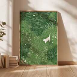 White Cat in Meadow Poster, Whimsical Animal Wall Art, Nature Grass Field Print, Playful Illustration Decor - thumbnail 3