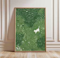 White Cat in Meadow Poster, Whimsical Animal Wall Art, Nature Grass Field Print, Playful Illustration Decor - thumbnail 1