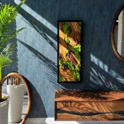 Live Edge Olive Wood & Preserved Moss Wall Art, Handmade Wooden Art With Black Frame - thumbnail 1