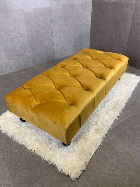 Mustard Gold Chesterfield Velvet Ottoman, Buttoned Footstool - image 1