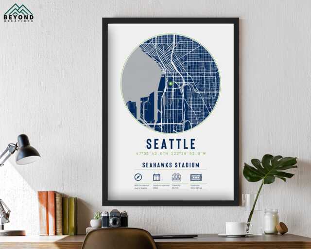 Seattle Seahawks Stadium Map Print Unique Framed Gift - For Him Dad Brother Granddad Uncle American Football Poster Decor - image 1