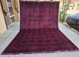 Large Afghan Rug 8x12 Ft Turkmen Red Wool Carpet - Geometric Design - thumbnail 1