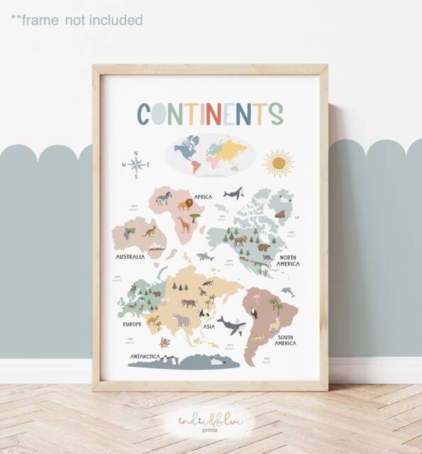 Rainbow Continents Chart, Unframed Print, World Map, Classroom Decor, Educational Montessori Playroom Prints, Scandi Art - image 1