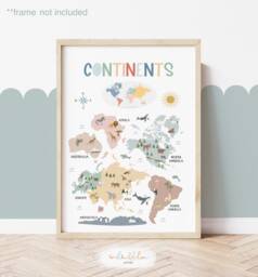 Rainbow Continents Chart, Unframed Print, World Map, Classroom Decor, Educational Montessori Playroom Prints, Scandi Art - thumbnail 1