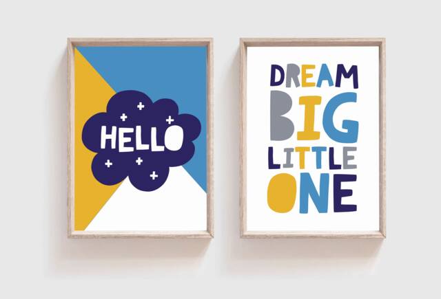 Set Of 2 Boys Nursery Prints, Decor, Dream Big Print, Bedroom Wall Art, Blue Mustard, Art - image 1
