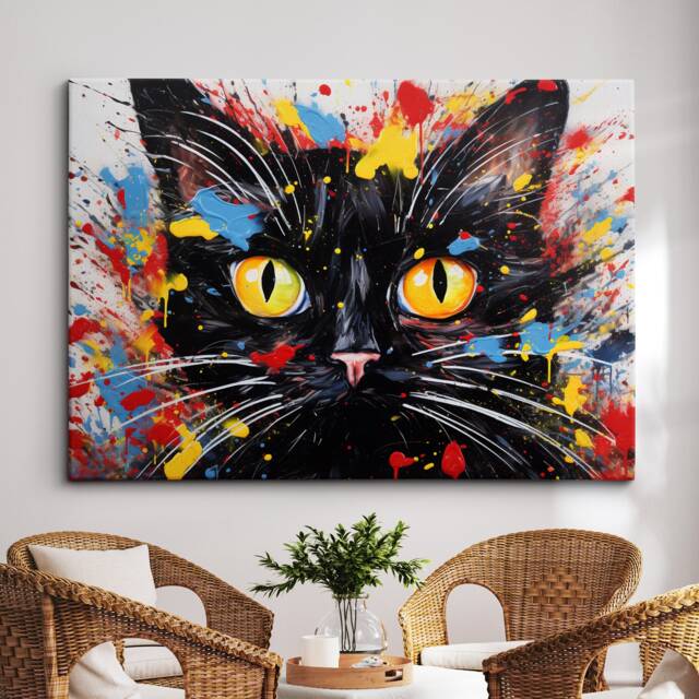 Black Cat Paint Splash Animal Pet Abstract Modern Painting Wall Art, Framed Canvas Poster Print, Home Kitchen Office Room Decor, Gifts - image 1
