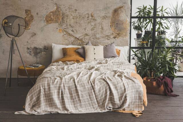 Tartan Linen Bedspread Handmade Beige White Check Blanket - image 1