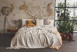 Tartan Linen Bedspread Handmade Beige White Check Blanket - thumbnail 1