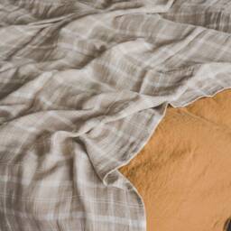 Tartan Linen Bedspread Handmade Beige White Check Blanket - thumbnail 2