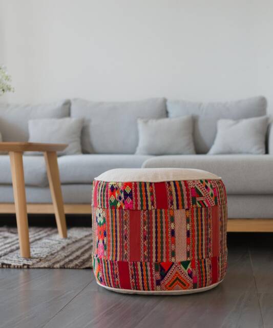 Vintage Hmong Hill Tribe Ottoman Pouf, Embroidered Patchwork Cushion - image 1