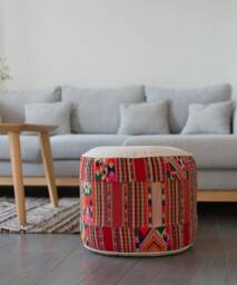 Vintage Hmong Hill Tribe Ottoman Pouf, Embroidered Patchwork Cushion