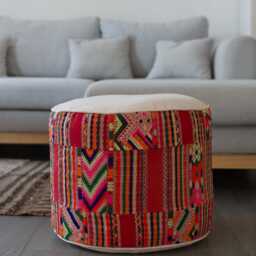 Vintage Hmong Hill Tribe Ottoman Pouf, Embroidered Patchwork Cushion - thumbnail 3
