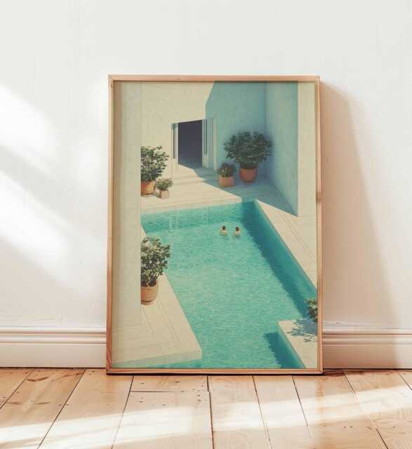 Swimming Poster, Retro Print, Beachy Wall Art, Blue Summer Ocean Dopamine Decor, Beach Coastal Decor - image 1